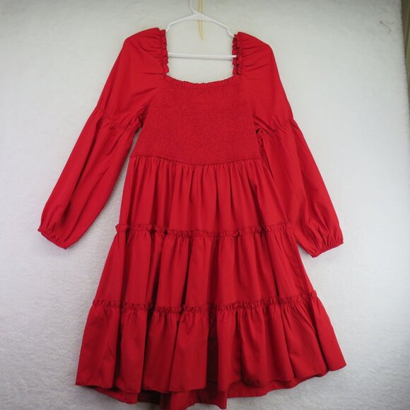 Shein Curve Dress Size 0 XL Red Smocked Long Sleeve Tiered Ruffles Square Neck - Picture 3 of 8